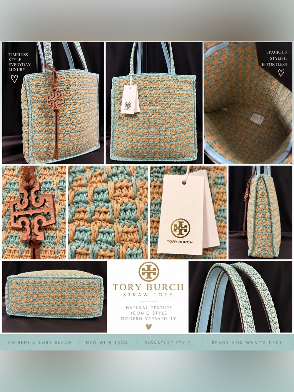 Tory Burch Straw Tote Soft Ocean Blue Natural Woven Leather NWT